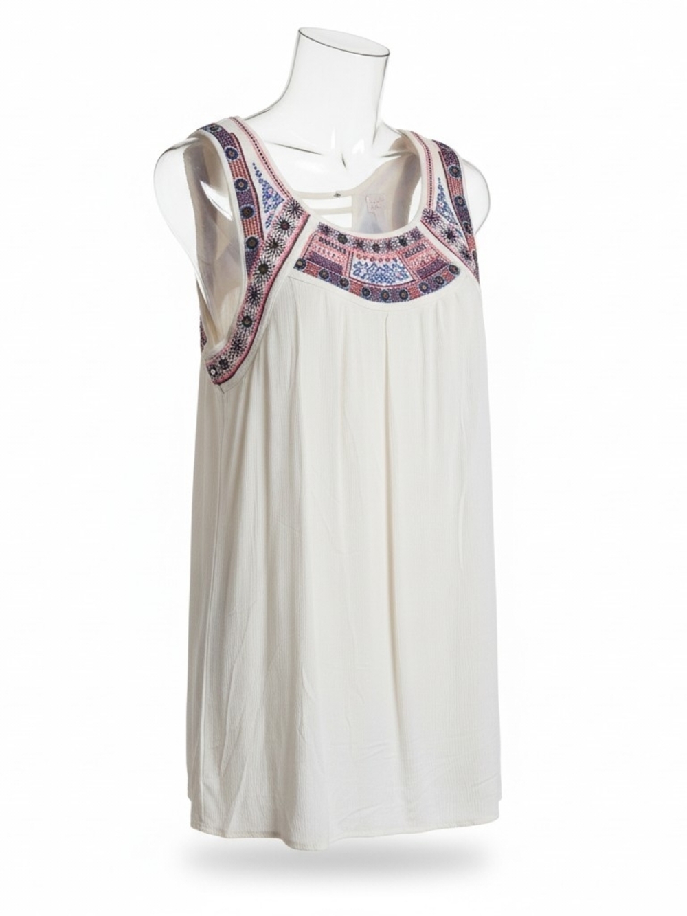 Sleeveless Embroidered Yoke Tank Top - White with Pink & Blue Accents